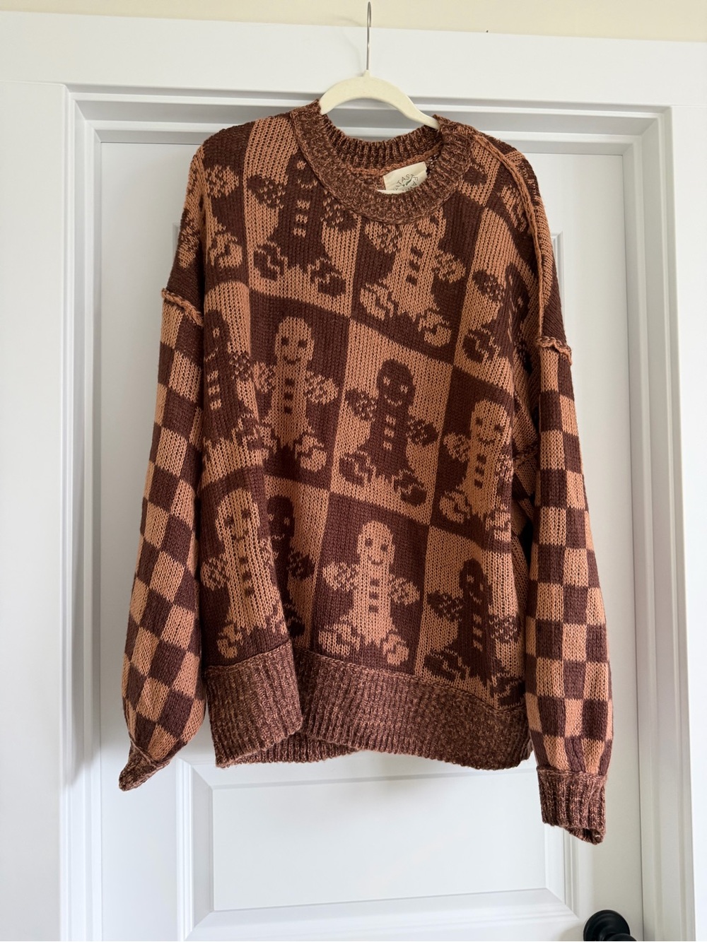 Fantastic Fawn Brown and Tan Gingerbread-Check Crewneck Sweater